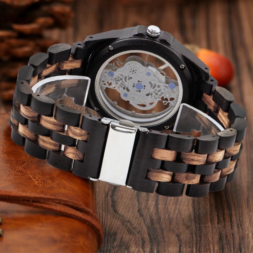 Men's Black Brown Lightweight Wooden Analog Quartz Deployment Closure Watches - Picture 7 of 8